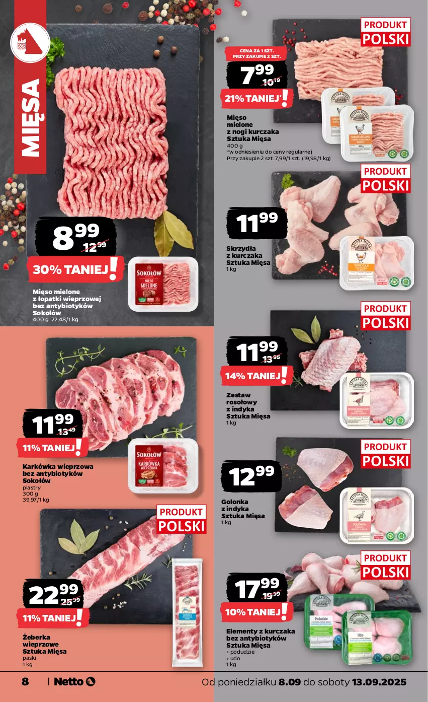 Gazetka promocyjna Netto - Od Poniedziałku - ważna 08.09 do 13.09.2025 - strona 8 - produkty: Golonka z indyka, Karkówka wieprzowa, Kurczak, Mięso, Mięso mielone, Mięso mielone z łopatki wieprzowej, Sok, Sokołów