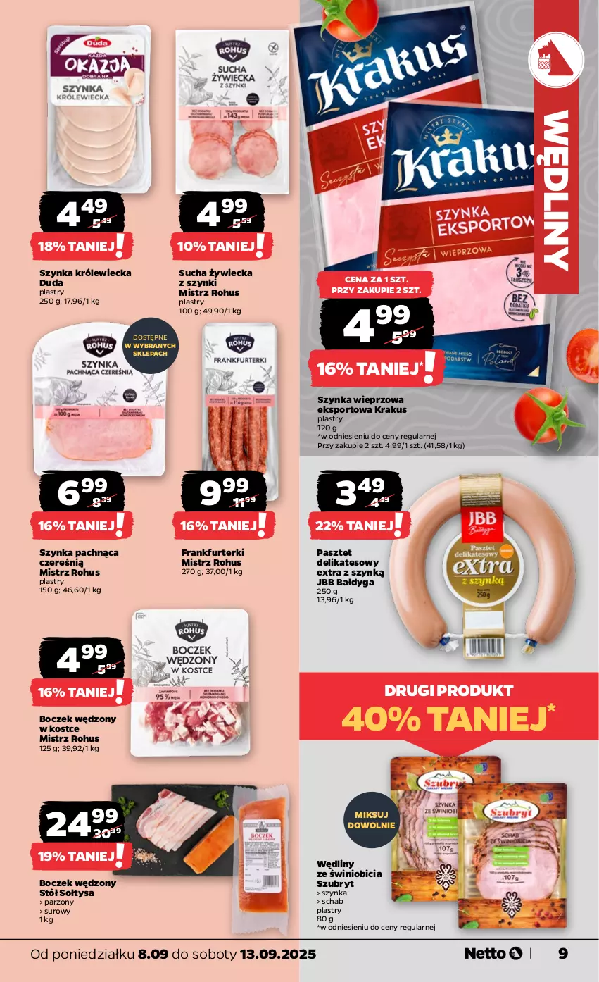Gazetka promocyjna Netto - Od Poniedziałku - ważna 08.09 do 13.09.2025 - strona 9 - produkty: BIC, Boczek, Duda, Frankfurterki, Krakus, Pasztet, Por, Sport, Stół, Szubryt, Szynka, Szynka wieprzowa