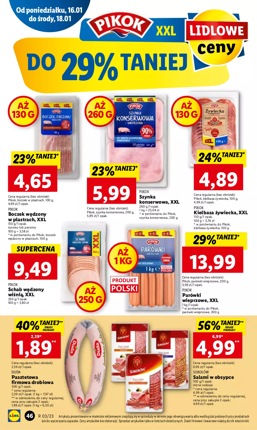 Gazetka promocyjna Lidl - GAZETKA - ważna 16.01 do 18.01.2023 - strona 52 - produkty: Boczek, Duda, Kiełbasa, Parówki, Pasztet, PIKOK, Por, Salami, Ser, Sok, Sokołów, Szynka, Szynka konserwowa