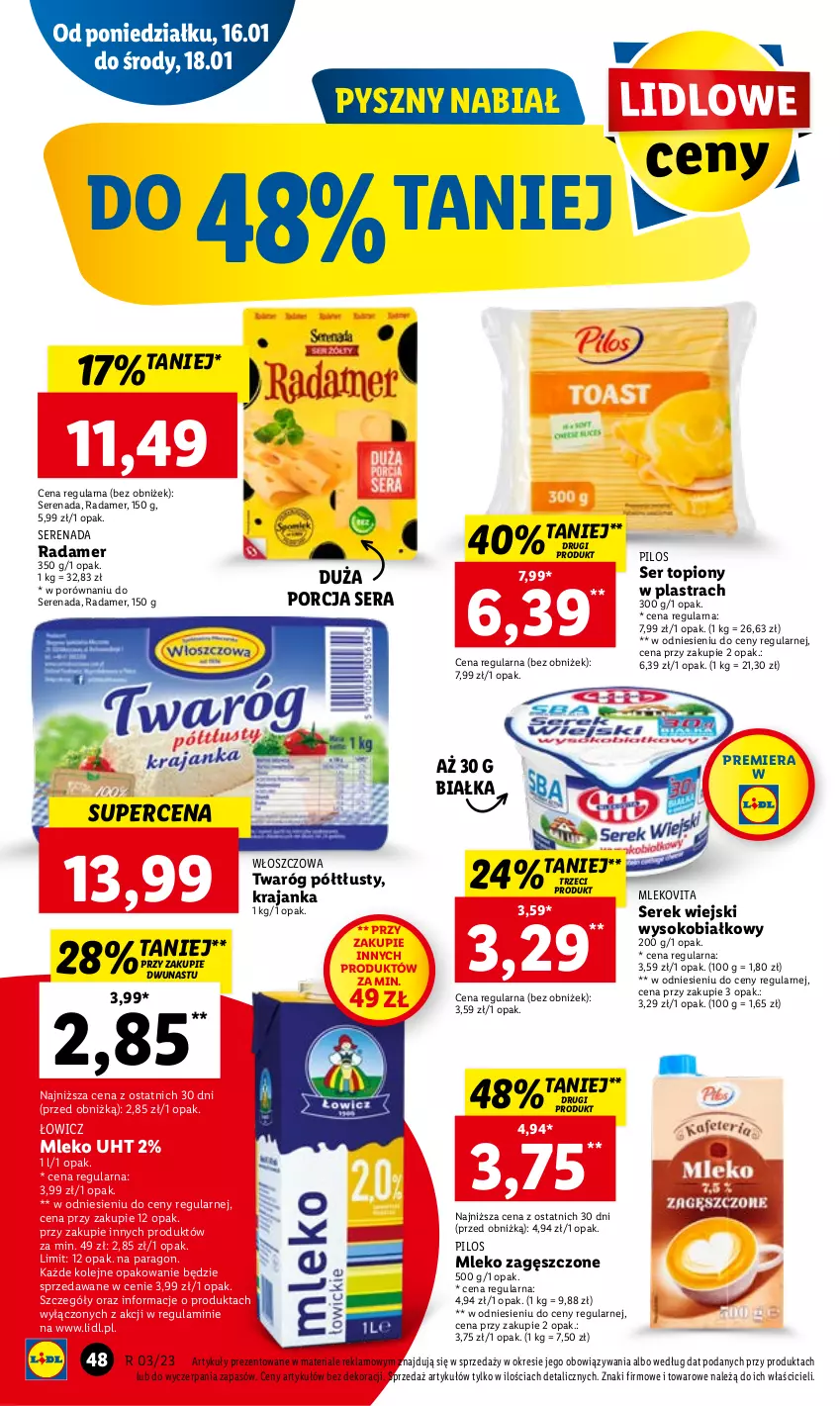 Gazetka promocyjna Lidl - GAZETKA - ważna 16.01 do 18.01.2023 - strona 54 - produkty: Mleko, Mleko zagęszczone, Mlekovita, Olej, Pilos, Por, Radamer, Ser, Ser topiony, Serek, Serek wiejski, Sok, Top, Twaróg, Twaróg półtłusty