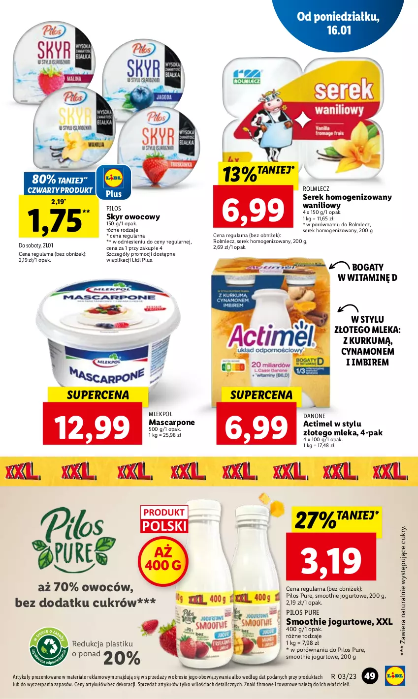 Gazetka promocyjna Lidl - GAZETKA - ważna 16.01 do 18.01.2023 - strona 55 - produkty: Actimel, Danone, Imbir, Jogurt, Mascarpone, Pilos, Por, Pur, Rolmlecz, Ser, Serek, Serek homogenizowany, Smoothie