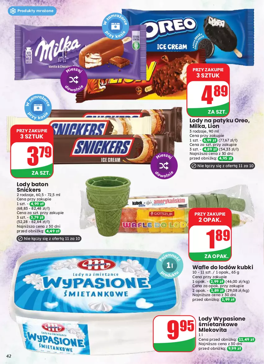 Gazetka promocyjna Dino - Gazetka 33 / 2026 - ważna 12.08 do 18.08.2026 - strona 42 - produkty: Baton, Lion, Lody, Milka, Mleko, Mlekovita, Oreo, Produkty mrożone, Snickers, Wafle, Wafle do lodów