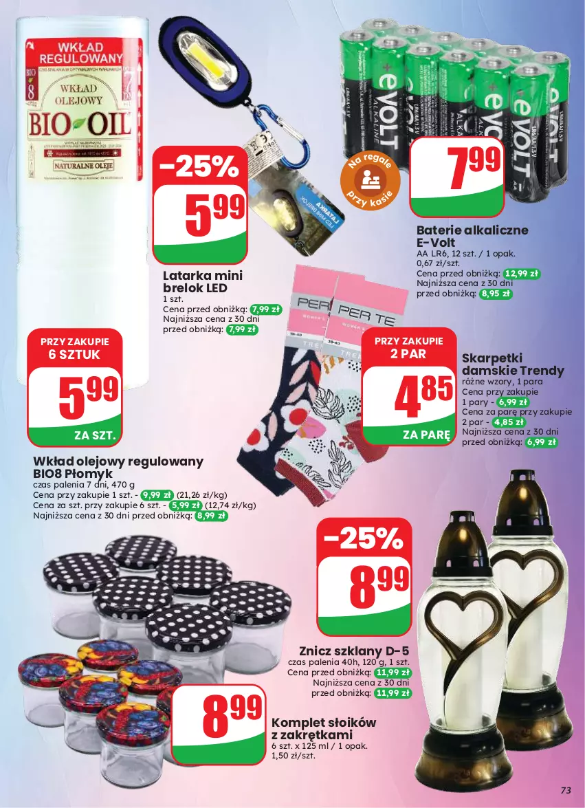 Gazetka promocyjna Dino - Gazetka 33 / 2026 - ważna 12.08 do 18.08.2026 - strona 73 - produkty: Baterie alkaliczne, Karp, Latarka, Olej, Skarpetki, Tarka, Wkład olejowy, Znicz