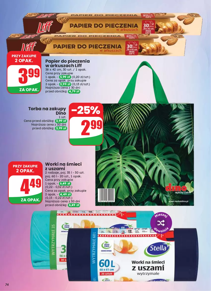 Gazetka promocyjna Dino - Gazetka 33 / 2026 - ważna 12.08 do 18.08.2026 - strona 74 - produkty: Papier, Papier do pieczenia, Piec, Torba, Torba na zakupy, Worki na śmiec, Worki na śmieci