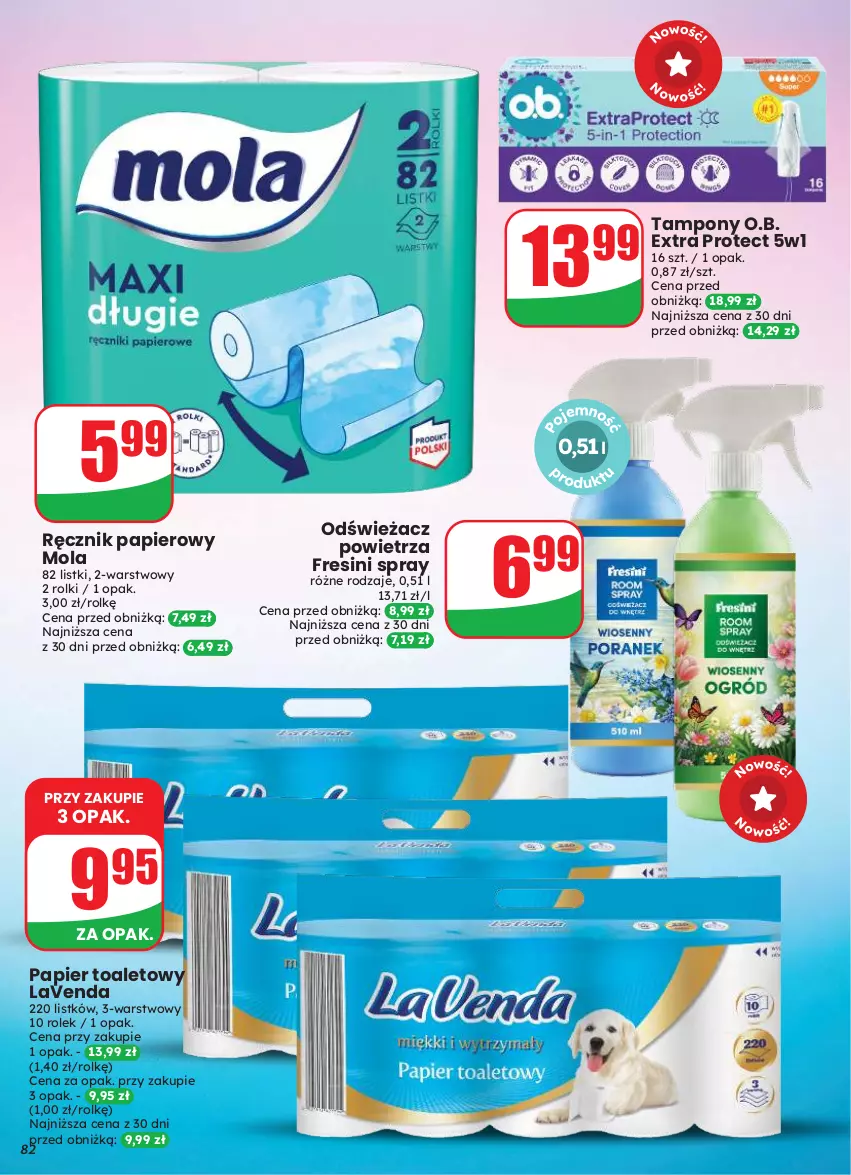 Gazetka promocyjna Dino - Gazetka 33 / 2026 - ważna 12.08 do 18.08.2026 - strona 82 - produkty: Mola, O.B., Odświeżacz powietrza, Papier, Papier toaletowy, Ręcznik, Rolki, Tampony