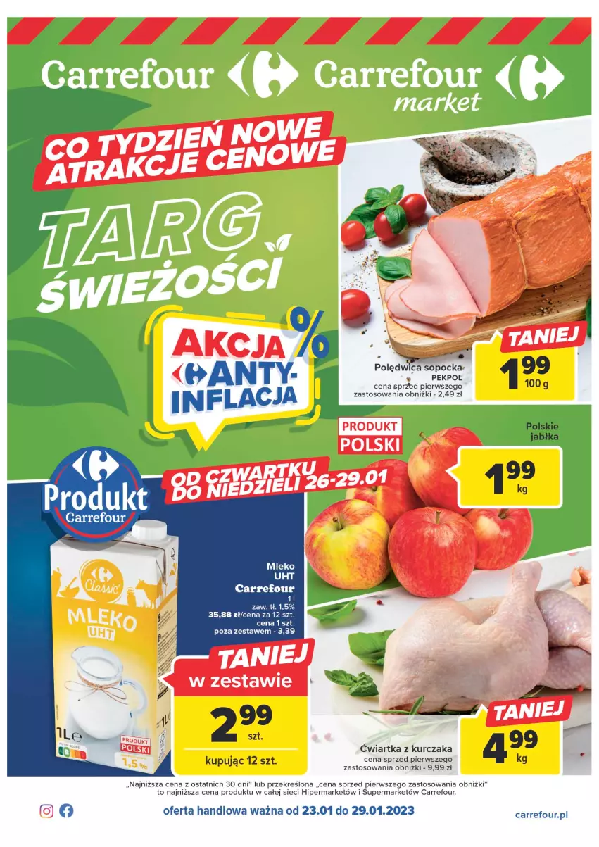 Gazetka promocyjna Carrefour - Gazetka Targ świeżości - ważna 23.01 do 29.01.2023 - strona 1 - produkty: Jabłka, Kurczak, Mleko, Pekpol, Polędwica