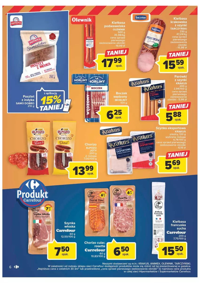 Gazetka promocyjna Carrefour - Gazetka Targ świeżości - ważna 23.01 do 29.01.2023 - strona 6 - produkty: Boczek, Fa, Kiełbasa, Kiełbasa krakowska, Krakus, Morliny, Olewnik, Por, Sport, Szynka, Tarczyński, Wawel