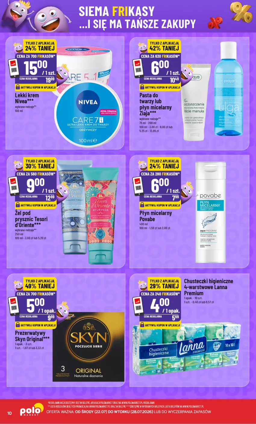 Gazetka promocyjna PoloMarket - Frikasy 22-28.07 - ważna 22.07 do 28.07.2026 - strona 10 - produkty: Chusteczki, Krem do twarzy, Nivea, Płyn micelarny, Prezerwatyw, Skyn