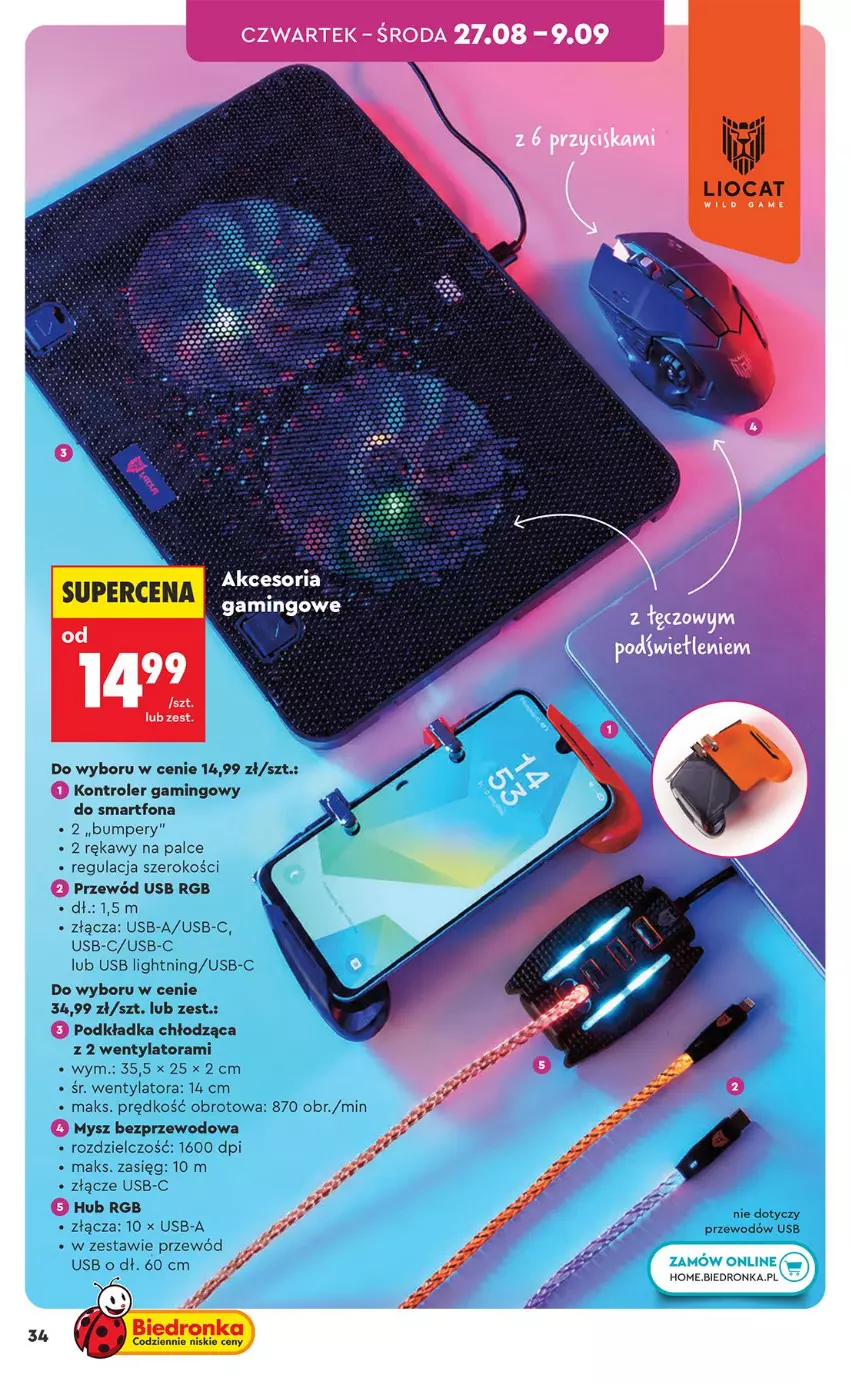 Gazetka promocyjna Biedronka - Okazje Tygodnia - ważna 24.08 do 05.09.2026 - strona 34 - produkty: Fa, Kontroler, Mysz, Mysz bezprzewodowa, Podkład, Podkładka, Przewód, Smartfon