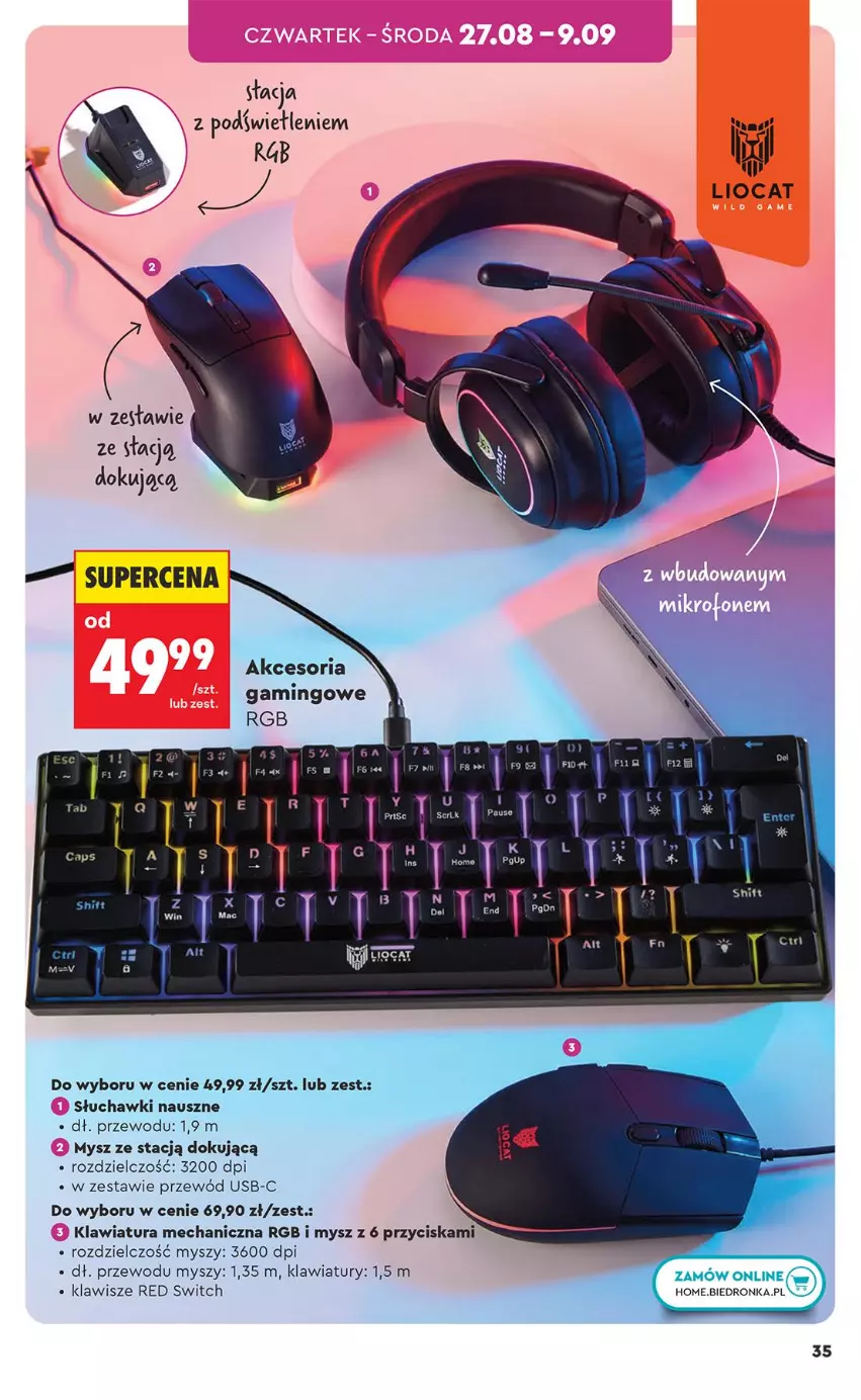 Gazetka promocyjna Biedronka - Okazje Tygodnia - ważna 24.08 do 05.09.2026 - strona 35 - produkty: Klawiatura, Mysz, Przewód, Słuchawki
