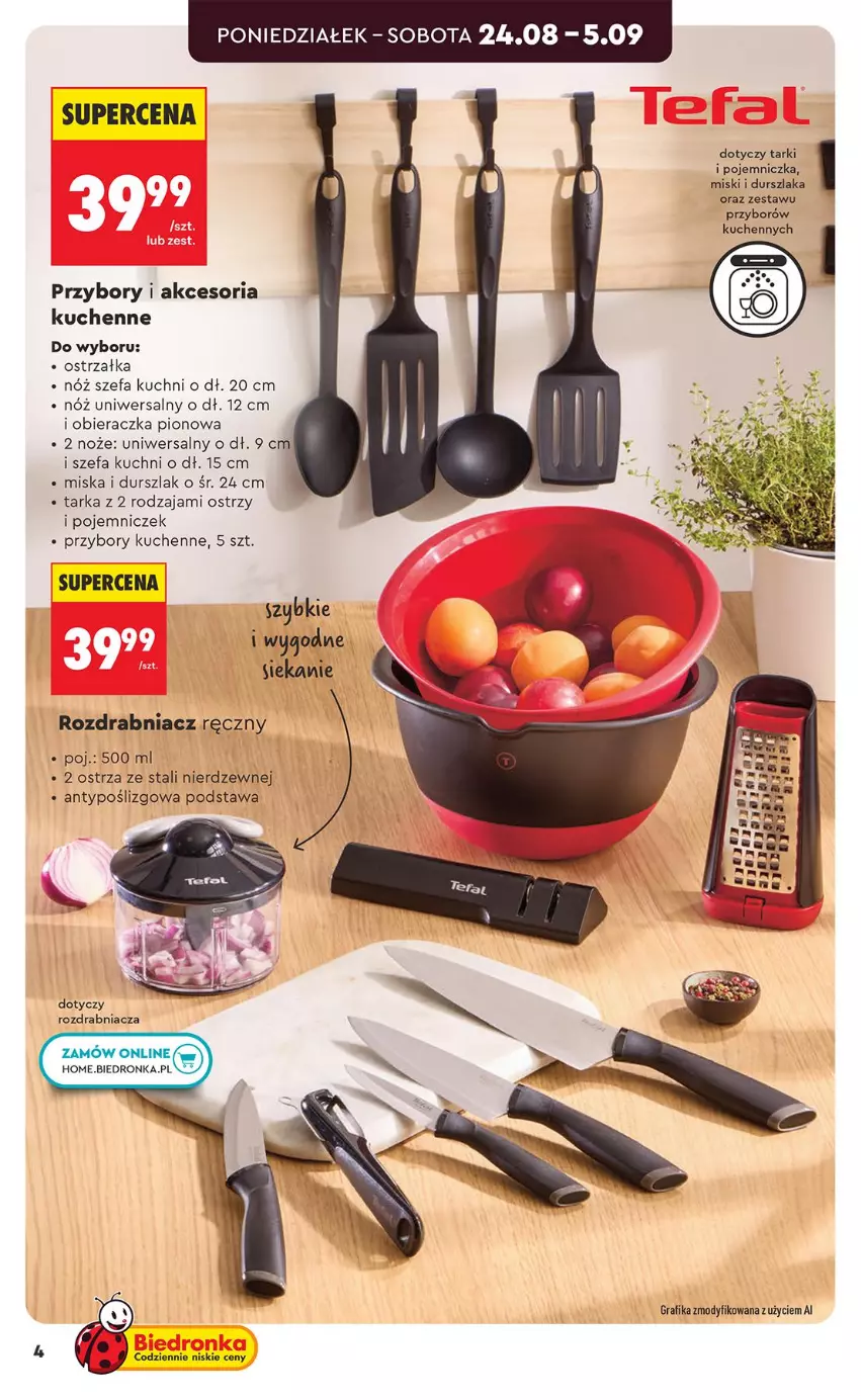 Gazetka promocyjna Biedronka - Okazje Tygodnia - ważna 24.08 do 05.09.2026 - strona 4 - produkty: Durszlak, Fa, Gra, Grafika, Miska, Noż, Nóż szefa kuchni, Nóż uniwersalny, Obieraczka, Przybory kuchenne, Rozdrabniacz, Tarka