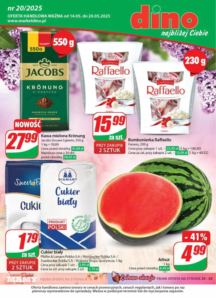 Gazetka promocyjna Dino - ważna 14.05 do 20.05.2025 - strona 1 - produkty: Arbuz, Cukier, Fa, Ferrero, Jacobs, JBL, Kawa, Kawa mielona, Raffaello
