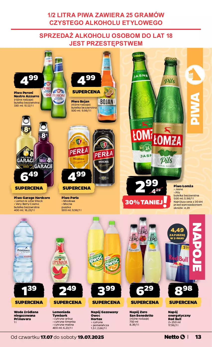 Gazetka promocyjna Netto - Od Czwartku - ważna 17.07 do 19.07.2025 - strona 13 - produkty: Arbuz, Gra, Hortex, LANA, Lemoniada, Limonka, Napój, Napój energetyczny, Napój gazowany, Napoje, Perła, Piwa, Piwo, Prima, Primavera, Red Bull, Tymbark, Woda