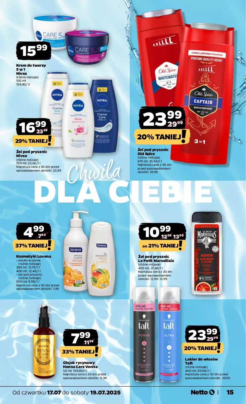 Gazetka promocyjna Netto - Od Czwartku - ważna 17.07 do 19.07.2025 - strona 15 - produkty: Krem do twarzy, Lakier, Lakier do włosów, Mars, Mydło, Mydło w płynie, Nivea, Old Spice, Olej, Taft