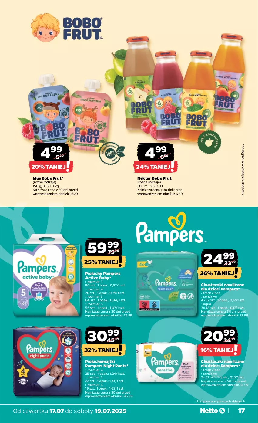 Gazetka promocyjna Netto - Od Czwartku - ważna 17.07 do 19.07.2025 - strona 17 - produkty: Chusteczki, Dzieci, Majtki, Mus, Nektar, Pampers, Pieluchomajtki, Pieluchy