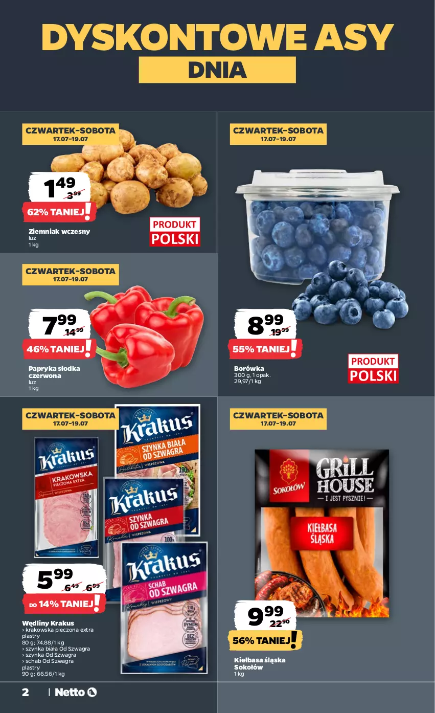 Gazetka promocyjna Netto - Od Czwartku - ważna 17.07 do 19.07.2025 - strona 2 - produkty: Borówka, Gra, Kiełbasa, Kiełbasa śląska, Krakus, Papryka, Papryka słodka, Piec, Sok, Sokołów, Szynka, Szynka biała