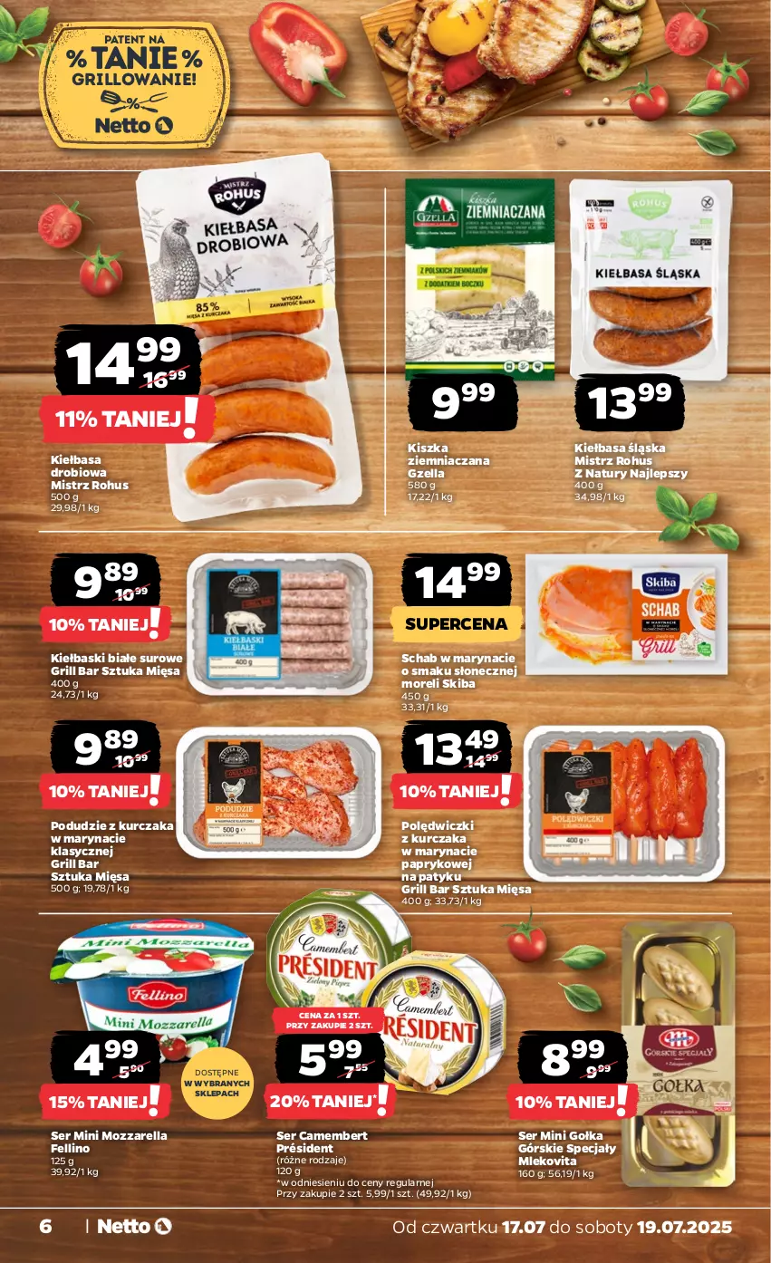 Gazetka promocyjna Netto - Od Czwartku - ważna 17.07 do 19.07.2025 - strona 6 - produkty: Camembert, Grill, Kiełbasa, Kiełbasa śląska, Kiełbaski białe, Kurczak, Mleko, Mlekovita, Mozzarella, Podudzie z kurczaka, Polędwiczki z kurczaka, Président, Ser