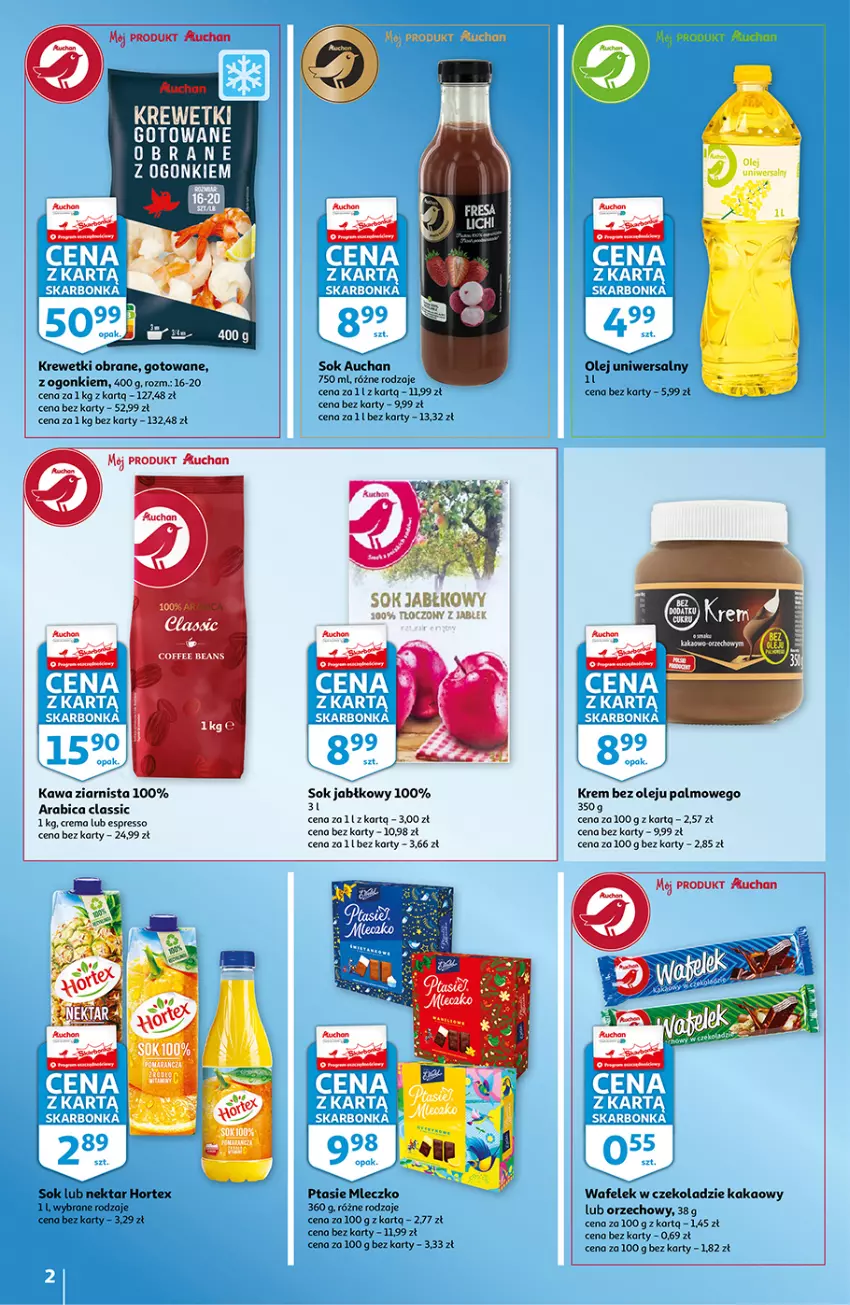 Gazetka promocyjna Auchan - Skarbonka #44 - ważna 04.11 do 10.11.2021 - strona 2 - produkty: BIC, Hortex, Kakao, Kawa, Kawa ziarnista, Krewetki, Mleczko, Nektar, Olej, Ptasie mleczko, Sok, Sok jabłkowy, Wafelek