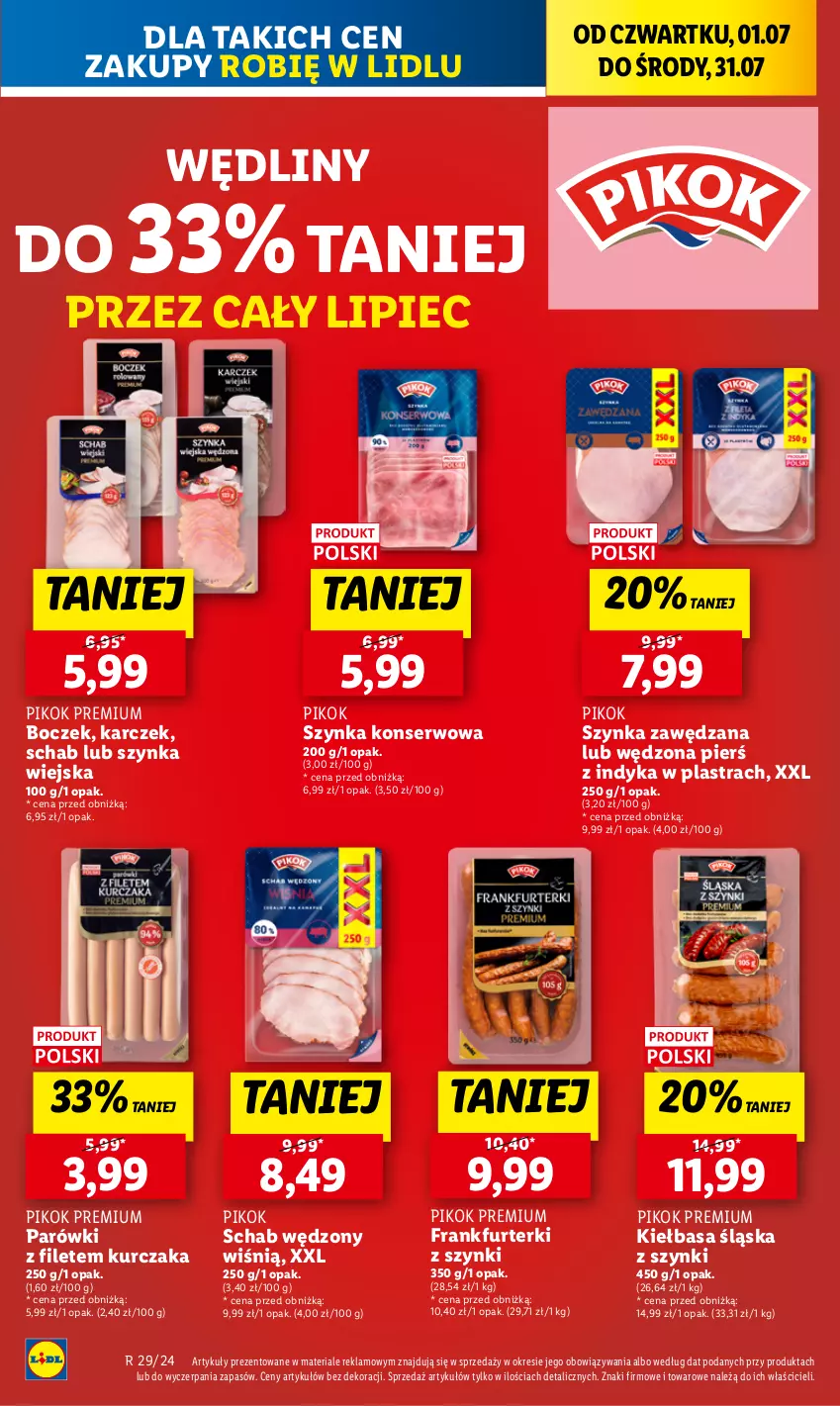 Gazetka promocyjna Lidl - GAZETKA - ważna 18.07 do 20.07.2024 - strona 25 - produkty: Boczek, Frankfurterki, Kiełbasa, Kiełbasa śląska, Kurczak, Parówki, Piec, PIKOK, Ser, Szynka, Szynka konserwowa