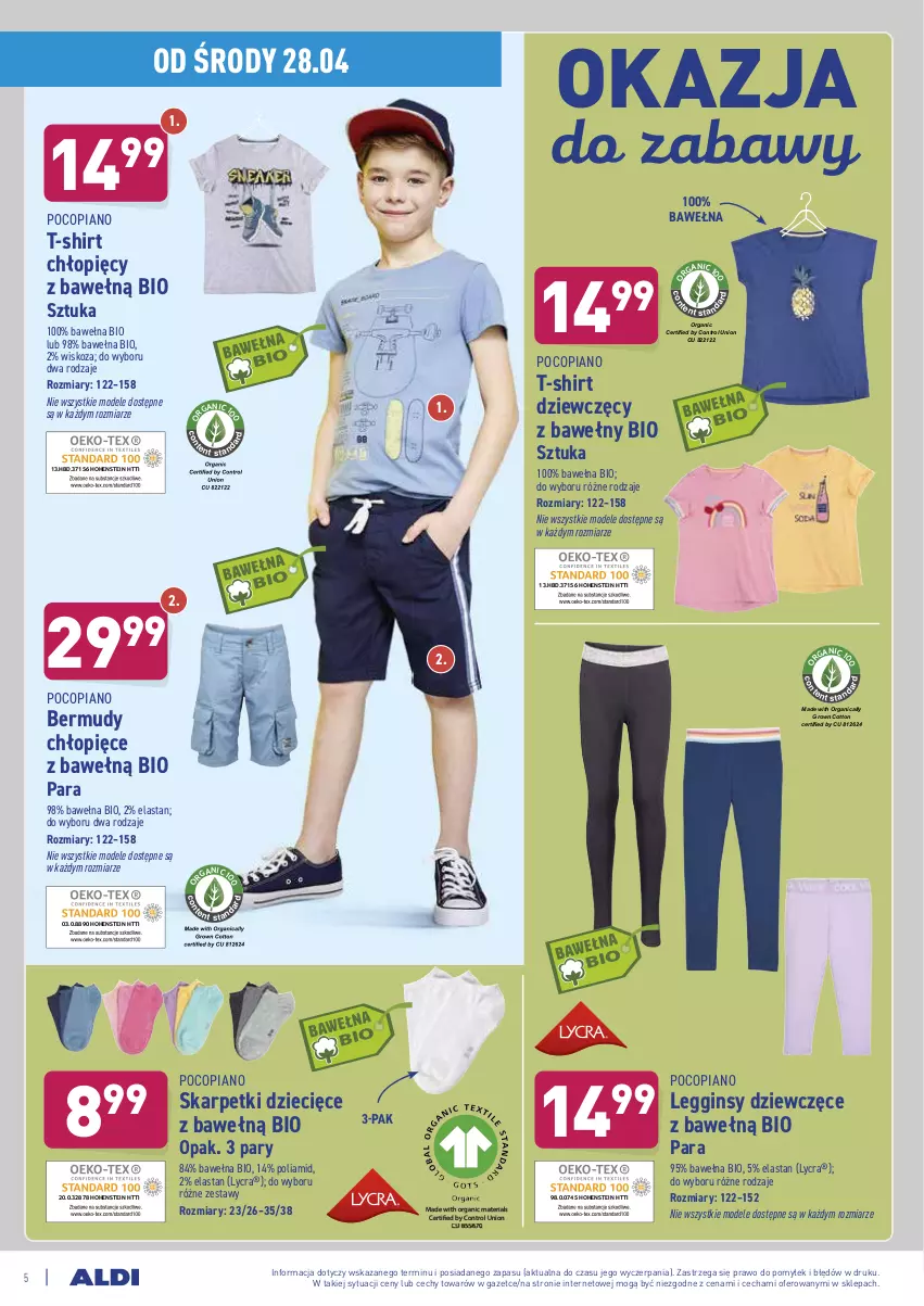 Gazetka promocyjna Aldi - ważna 28.04 do 30.04.2021 - strona 5 - produkty: Bermudy, Control, Dzieci, Gin, Karp, Legginsy, Pocopiano, Skarpetki, T-shirt, Wełna