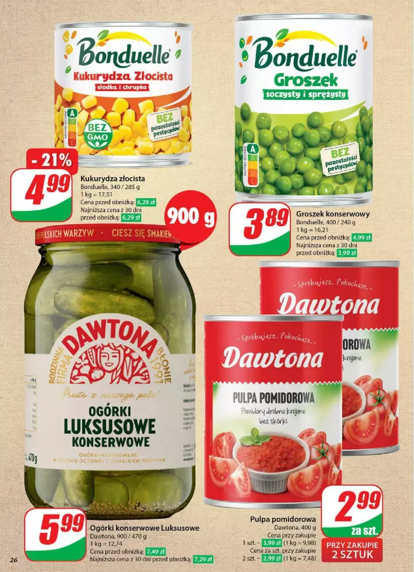 Gazetka promocyjna Dino - ważna 07.05 do 13.05.2025 - strona 19 - produkty: Bonduelle, Dawtona, Groszek, Kukurydza, Ogórki konserwowe, Pulpa pomidorowa, Ser