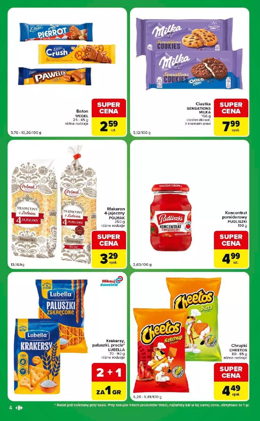 Gazetka promocyjna Carrefour - Gazetka Express w SUMIE ekspresowe zakupy - ważna 11.08 do 17.08.2026 - strona 4 - produkty: Baton, Bell, Bella, Cheetos, Chrupki, Ciastka, Fa, Krakersy, Lubella, Makaron, Milka, Olma, Precle, Pudliszki, Sati