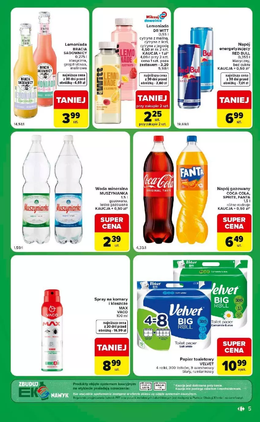 Gazetka promocyjna Carrefour - Gazetka Express w SUMIE ekspresowe zakupy - ważna 11.08 do 17.08.2026 - strona 5 - produkty: Coca-Cola, Dior, Fa, Fanta, Grejpfrut, Lemoniada, Liczi, Mus, Muszynianka, Napój, Napój gazowany, Papier, Papier toaletowy, Red Bull, Rolki, Rum, Sprite, Velvet, Woda, Woda mineralna