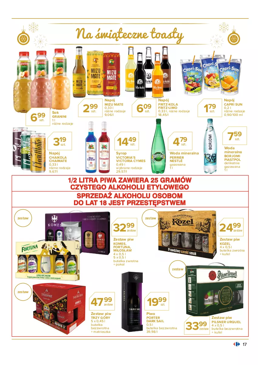 Gazetka promocyjna Carrefour - Gazetka Wszystko by spełniły się życzenia - ważna 07.12 do 24.12.2021 - strona 17 - produkty: Fortuna, Gra, Kozel, Napój, Nestlé, Piast, Piwa, Piwo, Por, Sok, STP, Syrop, Woda, Woda mineralna