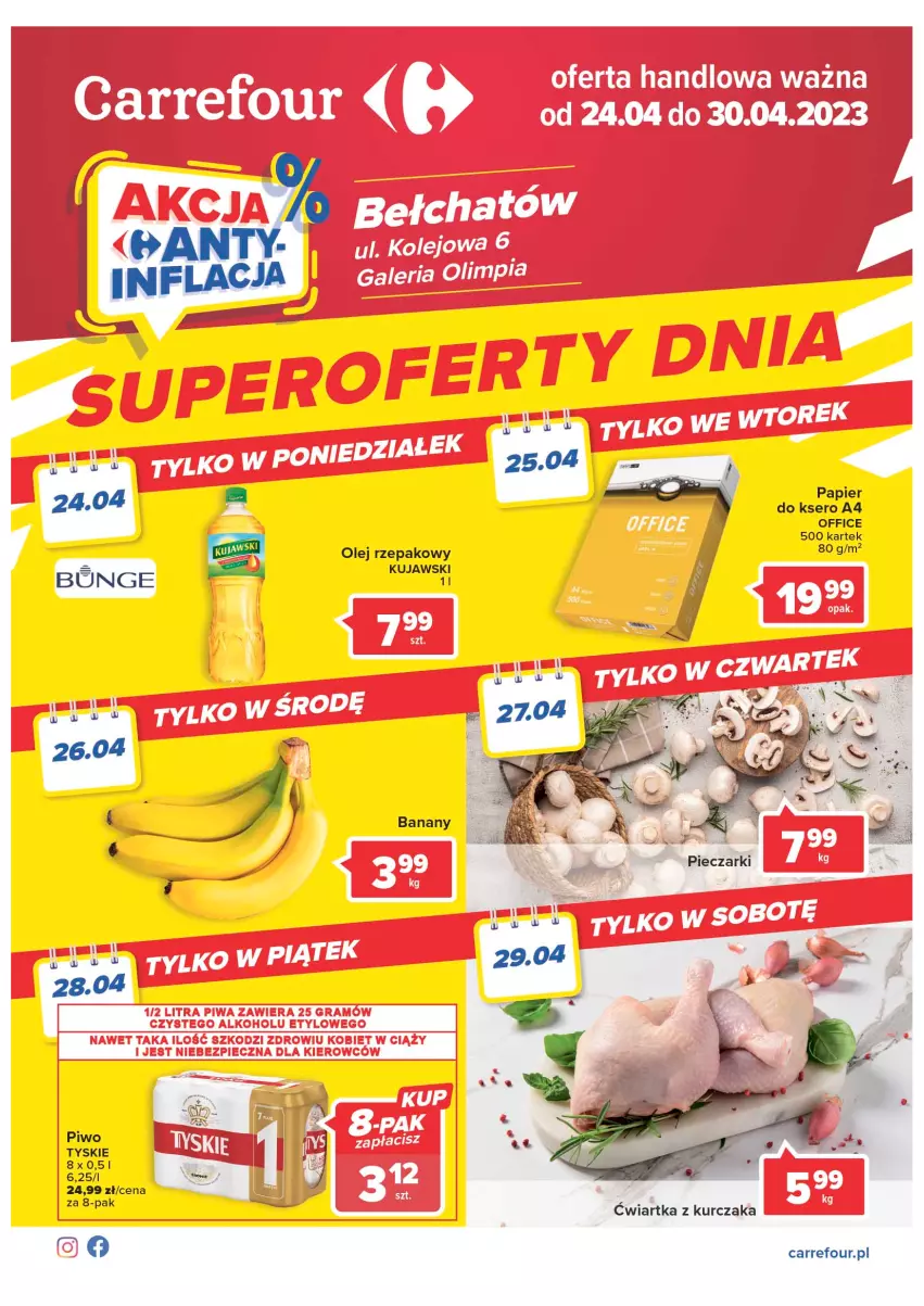 Gazetka promocyjna Carrefour - Gazetka Superoferty Carrefour Bełchatów - ważna 24.04 do 30.04.2023 - strona 1 - produkty: Kujawski, Olej, Olej rzepakowy, Piwo, Ser, Tyskie