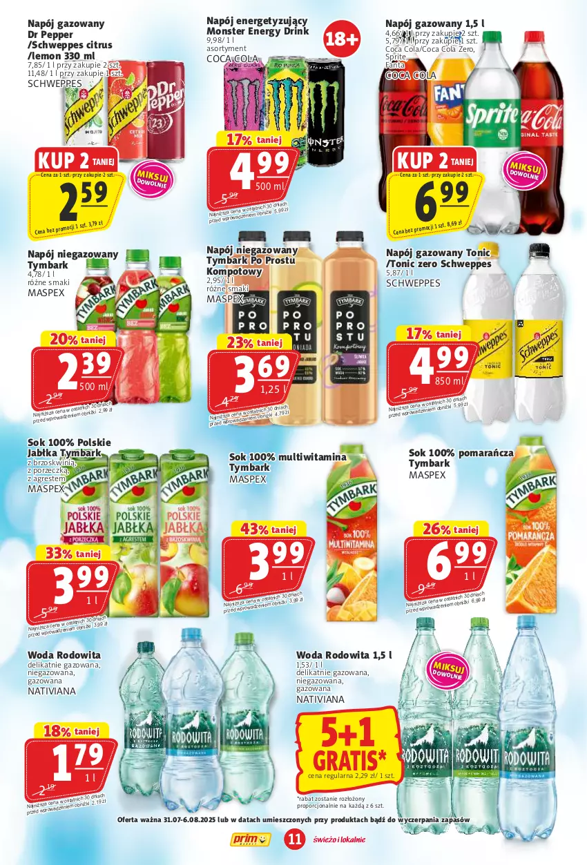 Gazetka promocyjna Prim Market - ważna 31.07 do 06.08.2025 - strona 11 - produkty: Fa, Fanta, Gra, Gres, Jabłka, Napój, Napój gazowany, Napój niegazowany, Por, Schweppes, Sok, Sprite, Tymbark, Woda