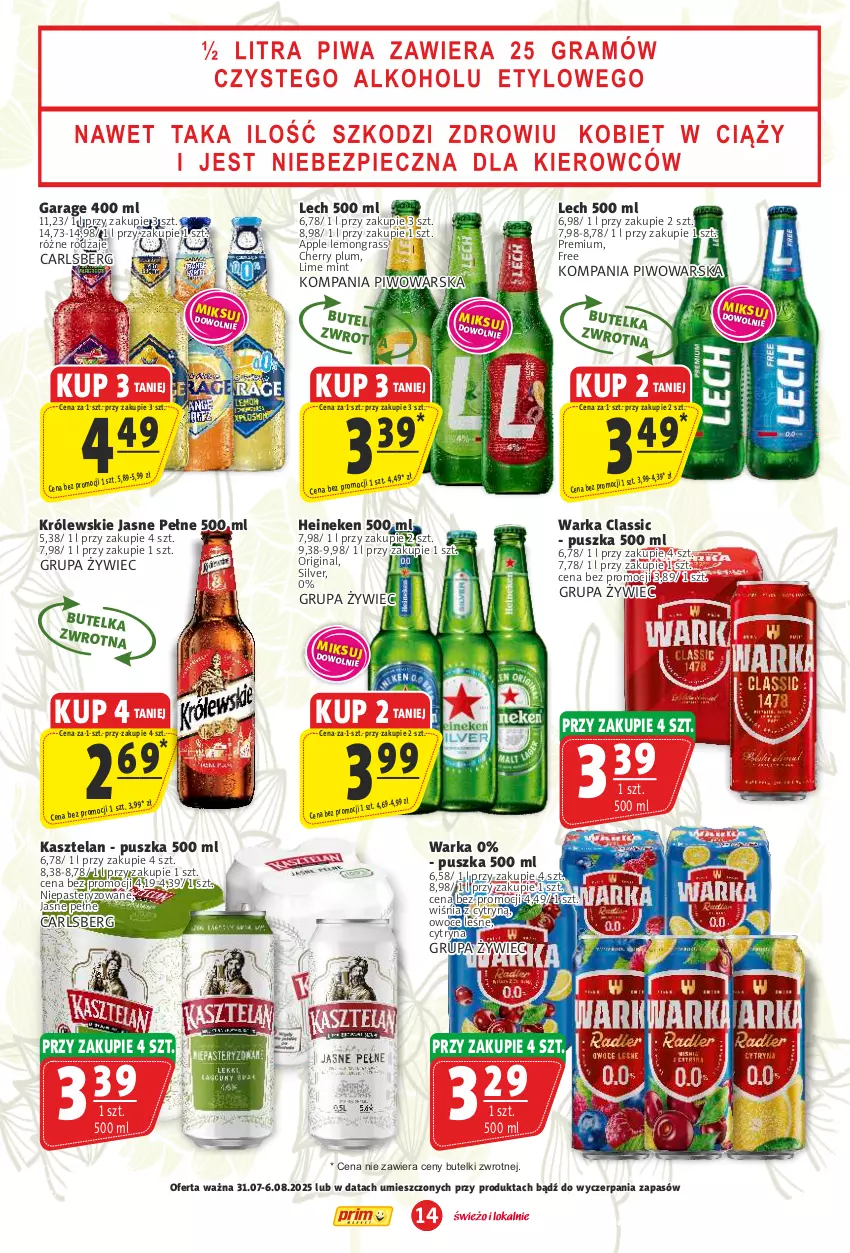 Gazetka promocyjna Prim Market - ważna 31.07 do 06.08.2025 - strona 14 - produkty: Carlsberg, Gin, Gra, Heineken, Kasztelan, Królewski, Owoce, Piwo, Warka