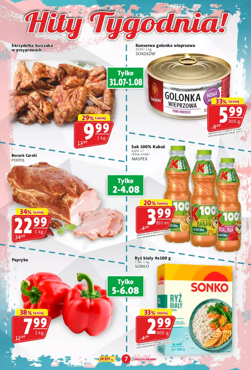 Gazetka promocyjna Prim Market - ważna 31.07 do 06.08.2025 - strona 7 - produkty: Boczek, Cars, Golonka wieprzowa, Kubuś, Kurczak, Papryka, Pekpol, Ryż, Ryż biały, Ser, Sok, Sokołów, Sonko