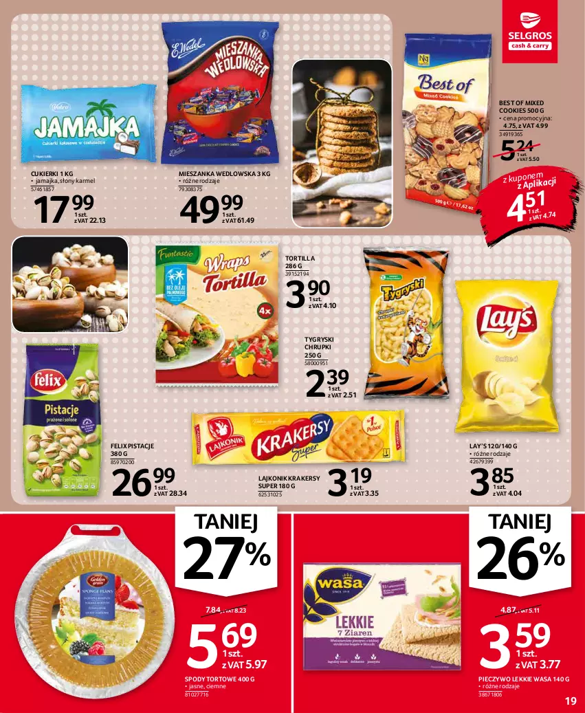 Gazetka promocyjna Selgros - Oferta spożywcza - ważna 07.01 do 19.01.2022 - strona 19 - produkty: Chrupki, Cukier, Cukierki, Felix, Gry, Krakersy, Lajkonik, Lay’s, Mieszanka wedlowska, Piec, Pieczywo, Pistacje, Tortilla, Wasa