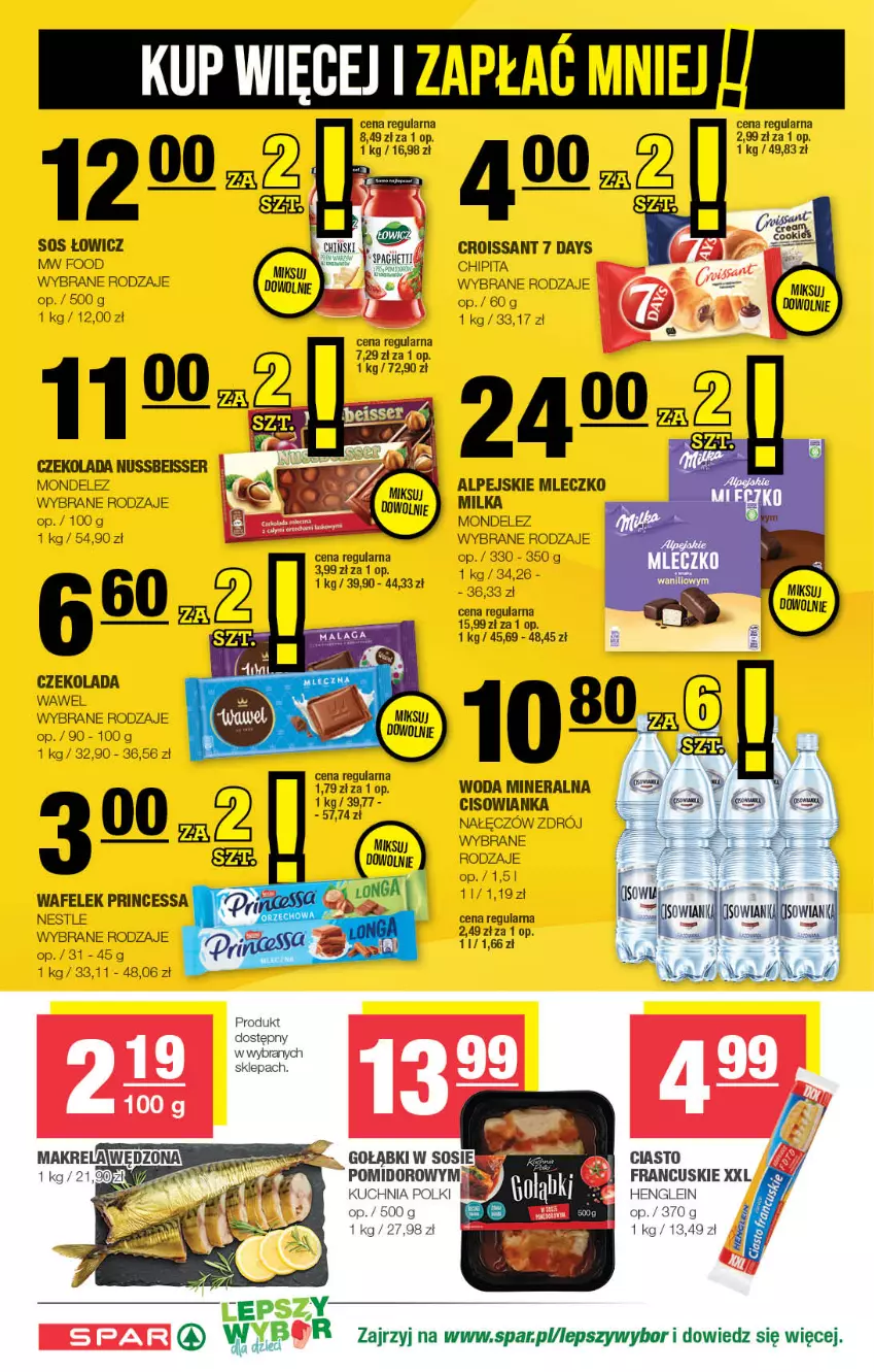 Gazetka promocyjna Spar - Spar - ważna 29.10 do 08.11.2023 - strona 6 - produkty: 7 Days, Cisowianka, Croissant, Czekolada, Kuchnia, Milka, Mleczko, Princessa, Ser, Sos, Wafelek, Wawel, Woda, Woda mineralna