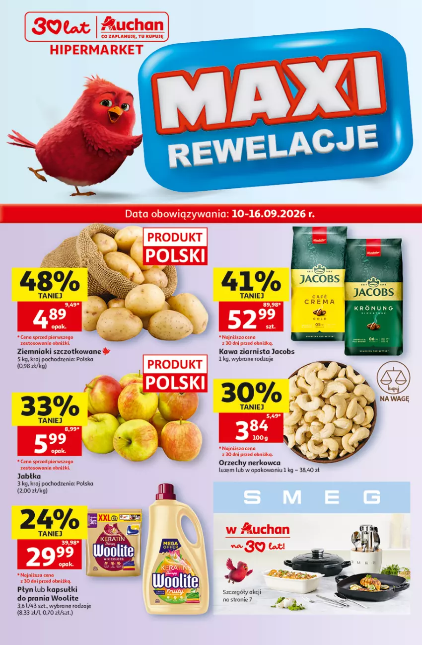 Gazetka promocyjna Auchan - 30 Lat Hipermarket - ważna 10.09 do 16.09.2026 - strona 1 - produkty: Fa, Jabłka, Jacobs, Kawa, Kawa ziarnista, Woolite, Ziemniaki