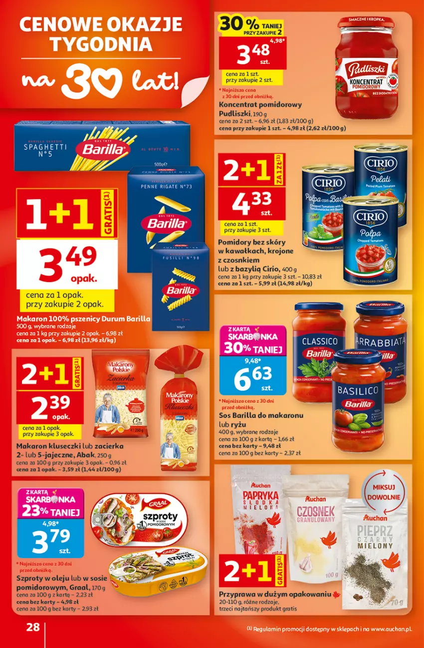 Gazetka promocyjna Auchan - 30 Lat Hipermarket - ważna 10.09 do 16.09.2026 - strona 28 - produkty: Barilla, Bazyl, Gra, Graal, Kawa, Koncentrat pomidorowy, Makaron, Olej, Pomidory, Pudliszki, Ryż, Sos, Spaghetti, Szprot, Zacierka