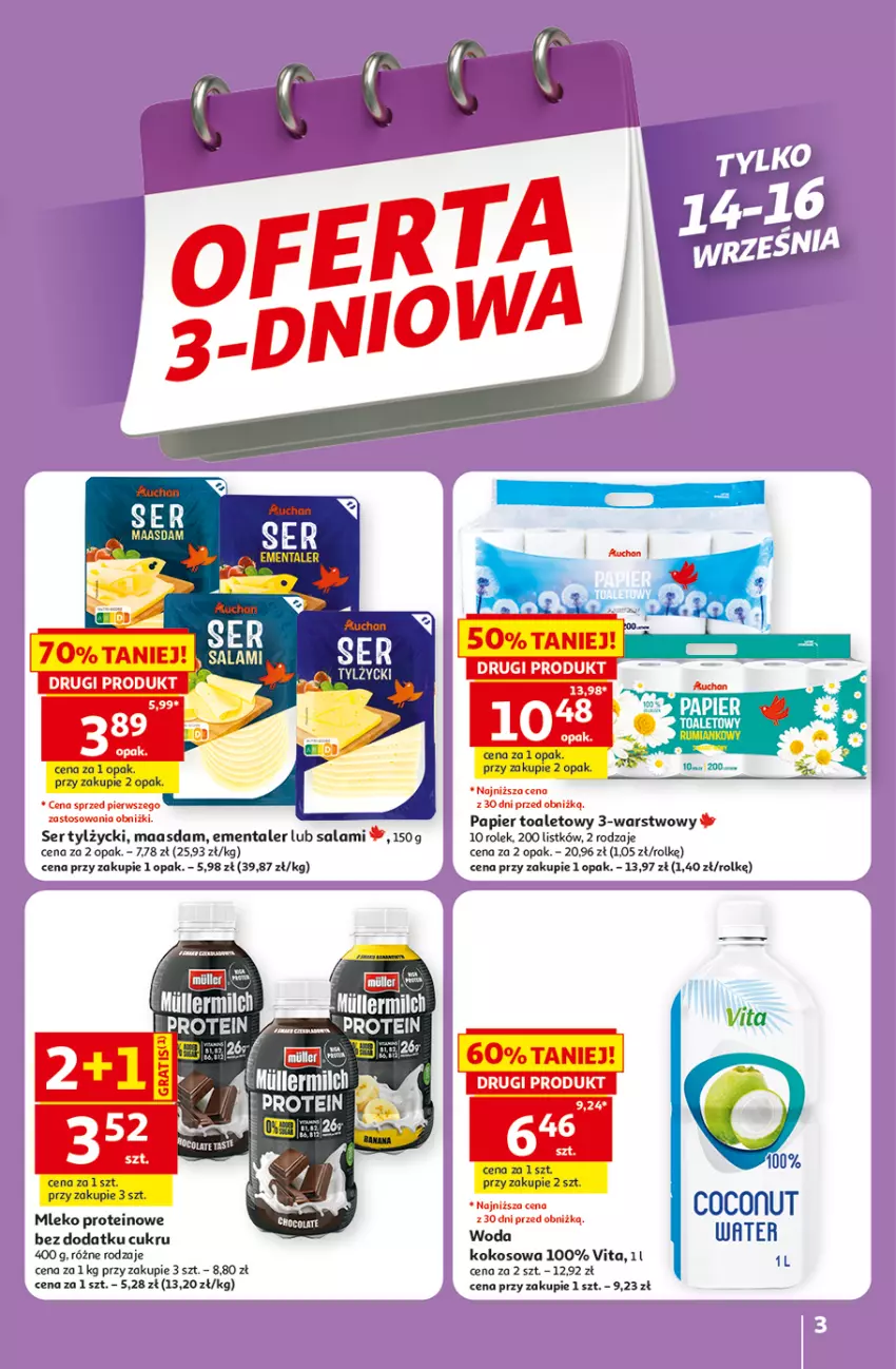 Gazetka promocyjna Auchan - 30 Lat Hipermarket - ważna 10.09 do 16.09.2026 - strona 3 - produkty: Ementaler, Kokos, Maasdam, Mleko, Papier, Papier toaletowy, Ser, Ser tylżycki, Woda