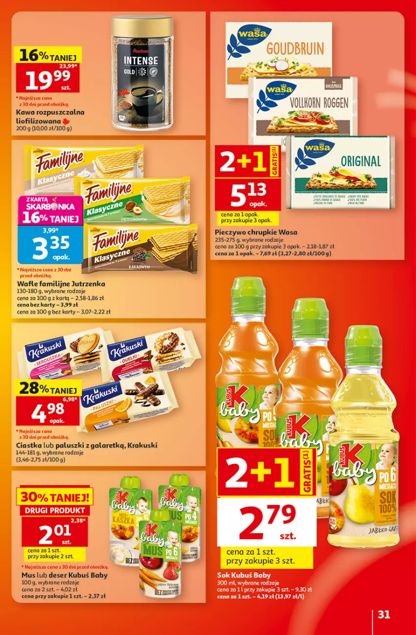 Gazetka promocyjna Auchan - 30 Lat Hipermarket - ważna 10.09 do 16.09.2026 - strona 31 - produkty: Chrupki, Ciastka, Deser, Fa, Gala, Jutrzenka, Kawa, Kawa rozpuszczalna, Krakus, Krakuski, Kubuś, Mus, Piec, Pieczywo, Pieczywo chrupkie, Ser, Wafle, Wasa