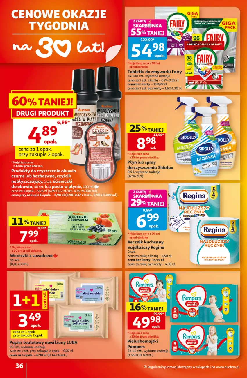 Gazetka promocyjna Auchan - 30 Lat Hipermarket - ważna 10.09 do 16.09.2026 - strona 36 - produkty: Fa, Fairy, Gin, Gry, Majtki, Pampers, Papier, Papier toaletowy, Pieluchomajtki, Ręcznik, Ręcznik kuchenny, Sidolux, Spray do czyszczenia, Tablet, Tabletki do zmywarki, Zmywarki
