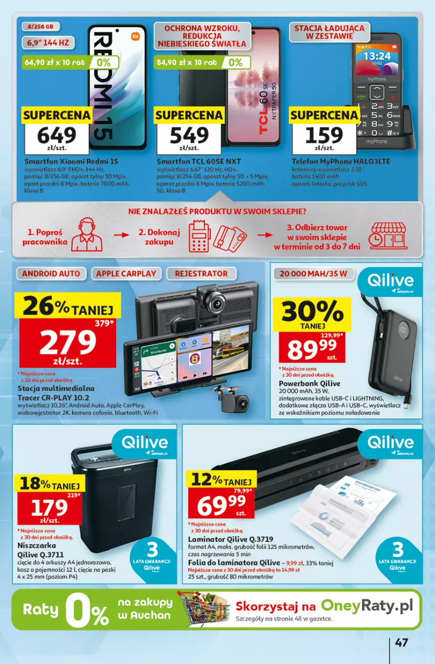 Gazetka promocyjna Auchan - 30 Lat Hipermarket - ważna 10.09 do 16.09.2026 - strona 47 - produkty: Acer, Bateria, Fa, Halo, Kamera, Kosz, Latarka, MyPhone, Niszczarka, Powerbank, Smartfon, Tarka, Telefon, Tera