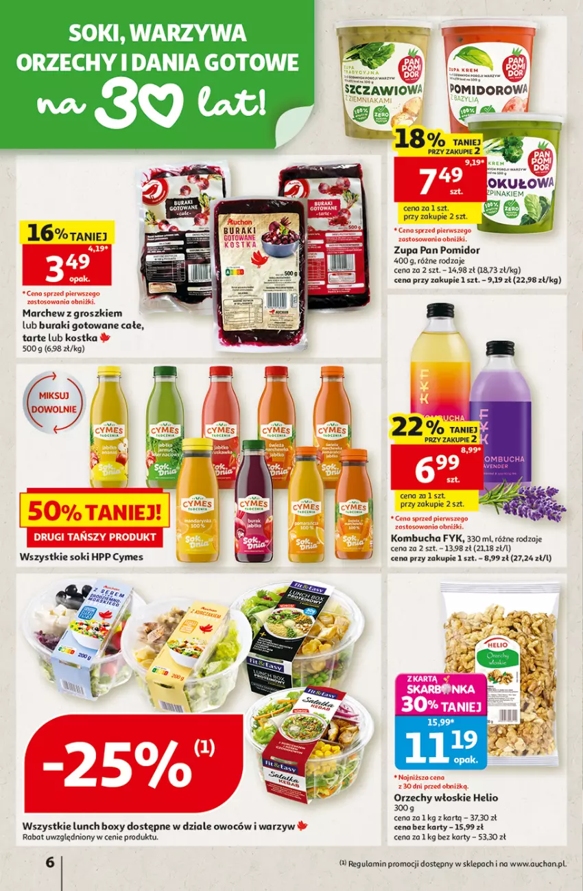 Gazetka promocyjna Auchan - 30 Lat Hipermarket - ważna 10.09 do 16.09.2026 - strona 6 - produkty: Buraki, Dania gotowe, Fa, Helio, Lunch box, Orzechy włoskie, Sok, Warzywa, Zupa