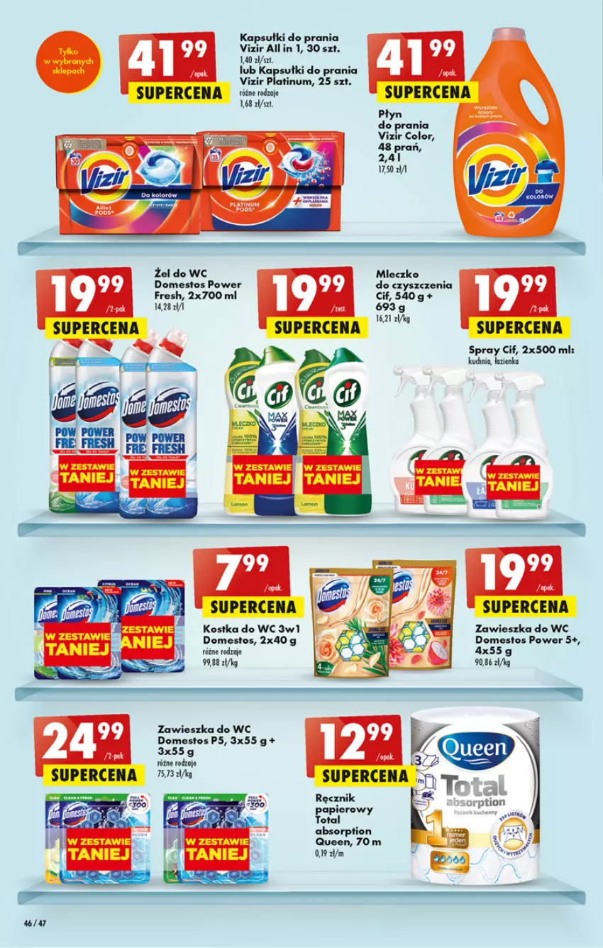 Gazetka promocyjna Biedronka - ważna 13.04 do 19.04.2023 - strona 46 - produkty: Cif, Domestos, Fa, Kapsułki do prania, Kostka do wc, Kuchnia, Mleczko, Papier, Płyn do prania, Vizir, Zawieszka do wc