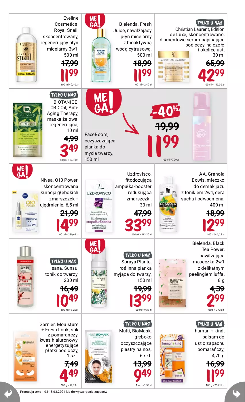 Gazetka promocyjna Rossmann - Marzec I - ważna 01.03 do 15.03.2021 - strona 11 - produkty: Balsam do ust, Bielenda, Eveline, Fa, Gra, Granola, Isana, Lack, Laur, Mars, Mleczko, Nivea, Pianka do mycia twarzy, Sok, Tonik, Tonik do twarzy