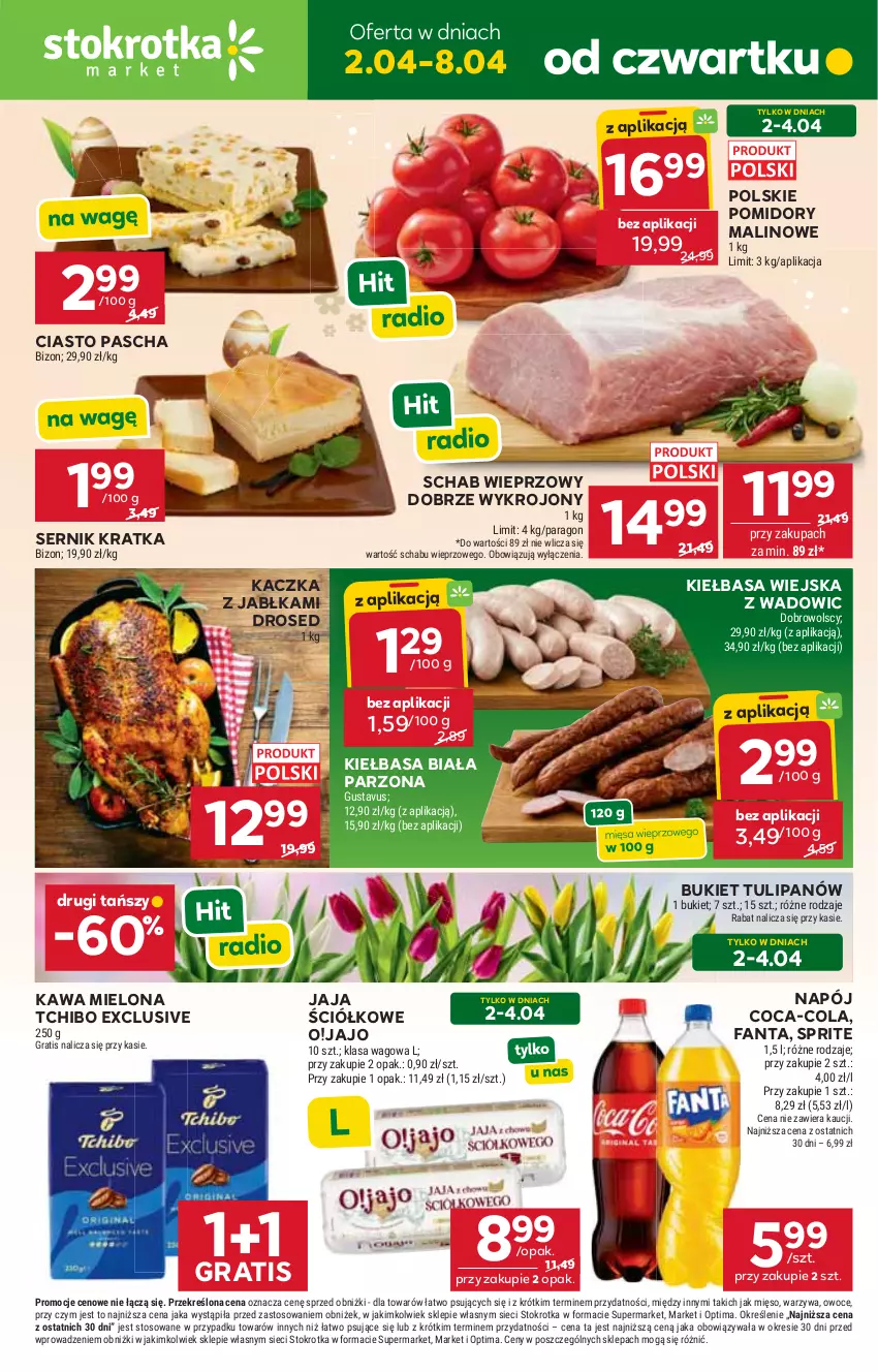 Gazetka promocyjna Stokrotka - Market - ważna 02.04 do 08.04.2026 - strona 1 - produkty: Bukiet, Coca-Cola, Fa, Fanta, Gra, Jabłka, Jaja, Kaczka, Kawa, Kawa mielona, Kiełbasa, Kiełbasa biała, Kiełbasa wiejska, Mięso, Napój, Optima, Owoce, Pomidory, Schab wieprzowy, Ser, Sprite, Tchibo, Tulipan, Warzywa