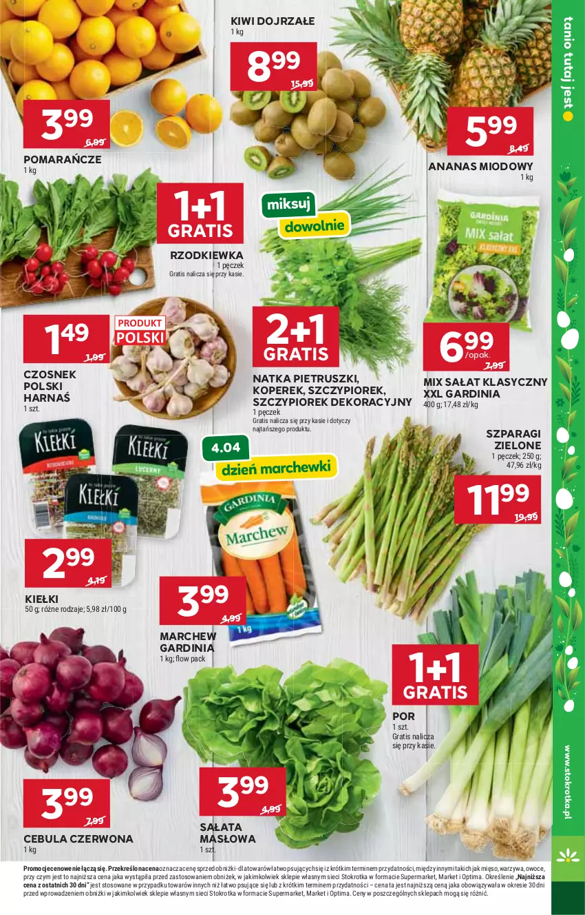 Gazetka promocyjna Stokrotka - Market - ważna 02.04 do 08.04.2026 - strona 11 - produkty: Ananas, Cebula, Cebula czerwona, Czosnek, Gra, Harnaś, Kiełki, Kiwi, Masło, Mięso, Natka pietruszki, Optima, Owoce, Pomarańcze, Por, Rzodkiewka, Sałat, Sałata masłowa, Warzywa