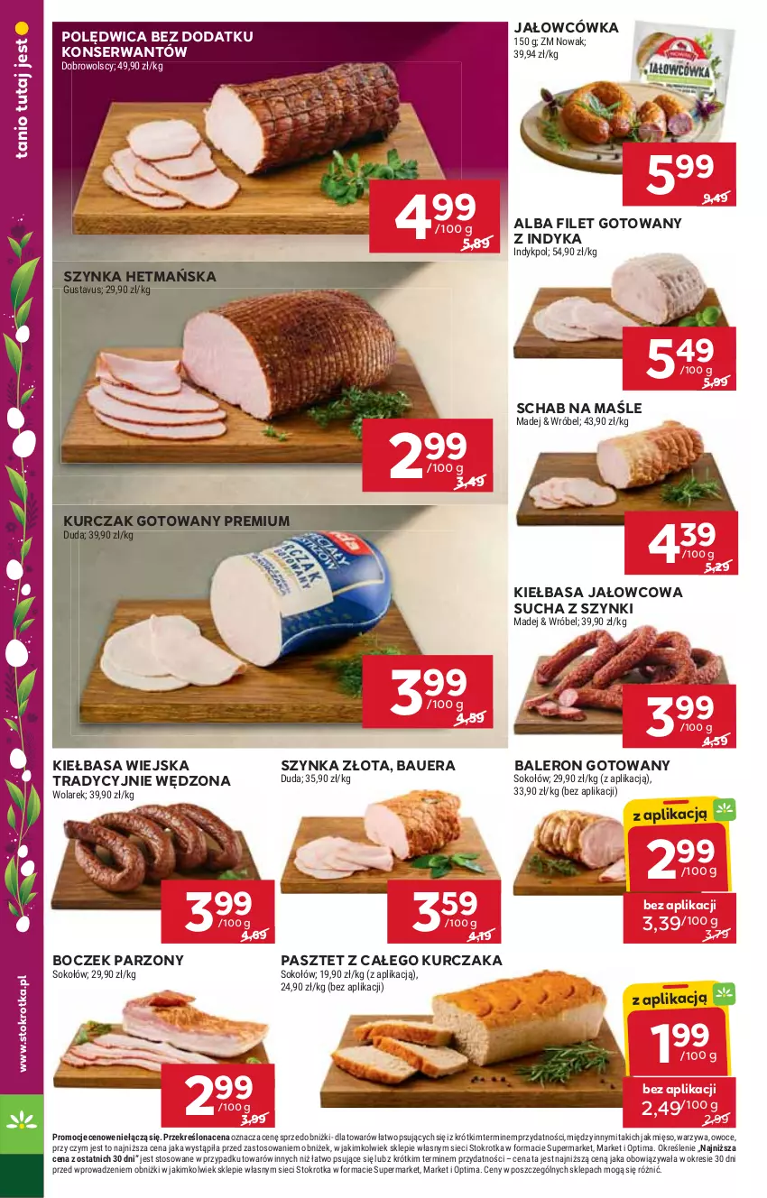 Gazetka promocyjna Stokrotka - Market - ważna 02.04 do 08.04.2026 - strona 13 - produkty: Boczek, Duda, Kiełbasa, Kiełbasa wiejska, Kurczak, Kurczak gotowany, Mięso, NOWAK, Optima, Owoce, Pasztet, Polędwica, Ser, Sok, Sokołów, Szynka, Warzywa