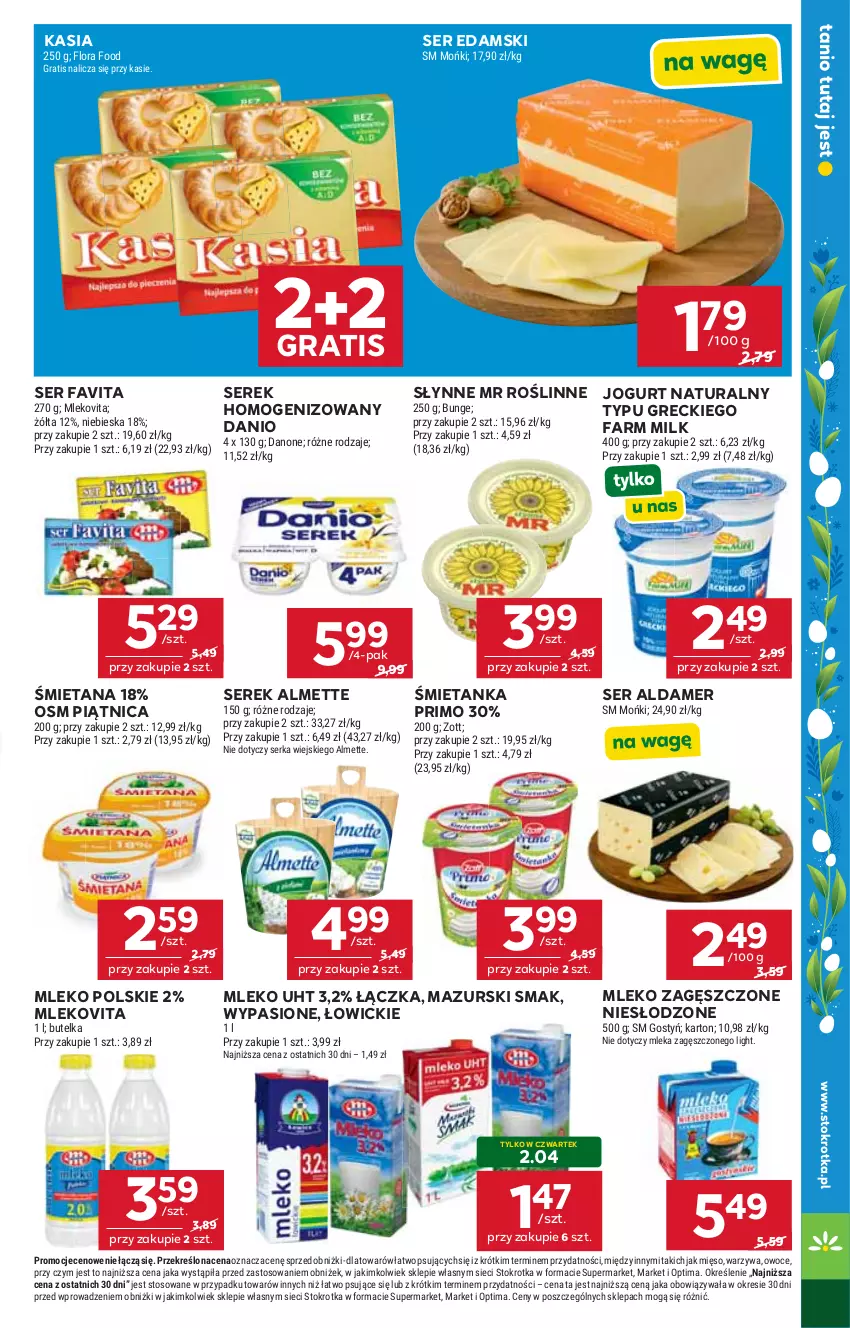 Gazetka promocyjna Stokrotka - Market - ważna 02.04 do 08.04.2026 - strona 14 - produkty: Almette, Danio, Danone, Edam, Fa, Farm Milk, Favita, Flora, Gra, Jogurt, Jogurt naturalny, Kasia, Mięso, Mleko, Mleko zagęszczone, Mlekovita, Optima, Owoce, Piątnica, Ser, Serek, Słynne, Słynne MR Roślinne, Warzywa, Zott
