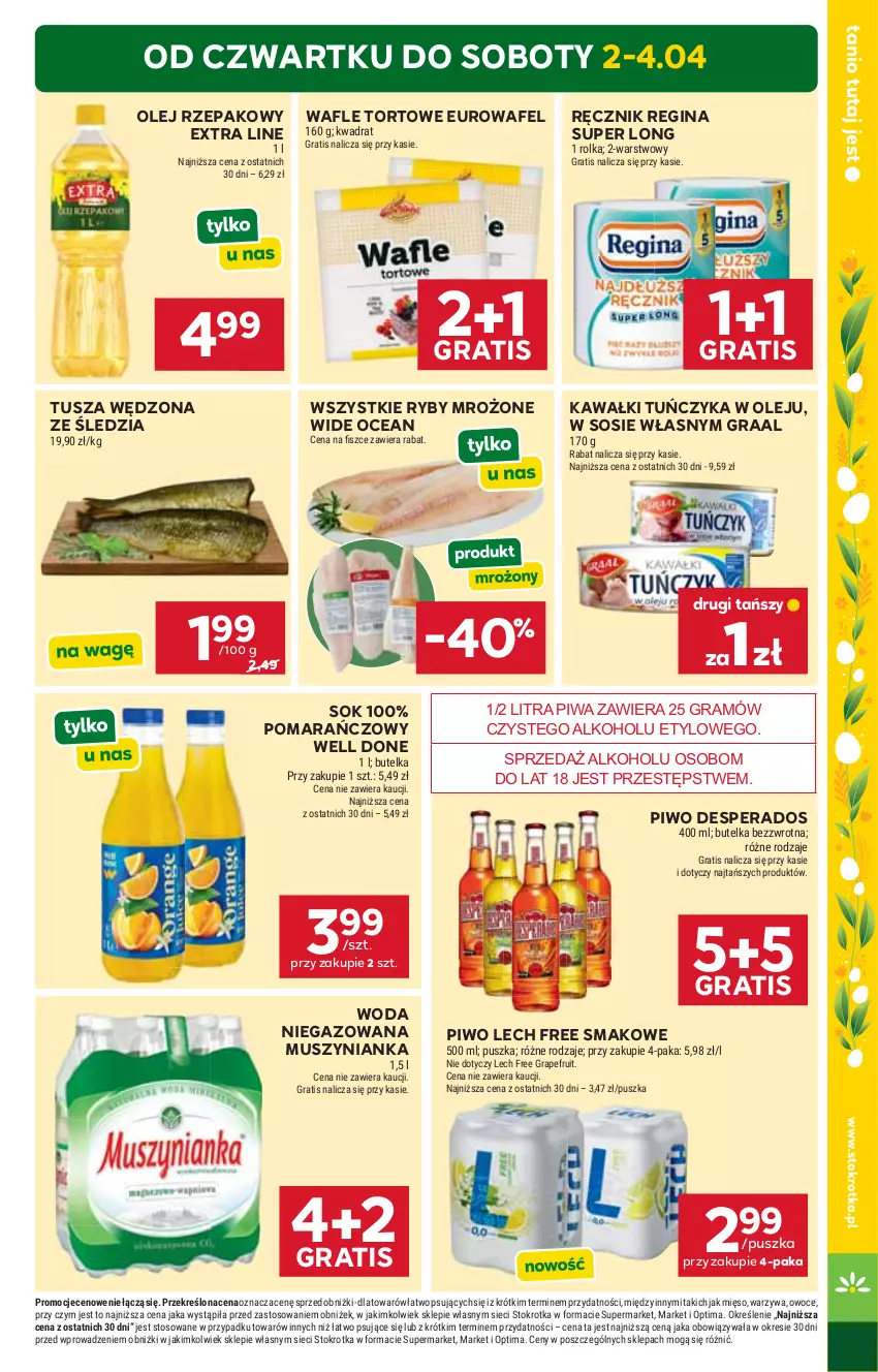 Gazetka promocyjna Stokrotka - Market - ważna 02.04 do 08.04.2026 - strona 3 - produkty: Desperados, Gin, Gra, Graal, Kawa, Mięso, Mus, Muszynianka, Olej, Olej rzepakowy, Optima, Owoce, Piwa, Piwo, Ręcznik, Sok, Sos, Tuńczyk, Tusz, Wafle, Wafle tortowe, Warzywa, Woda, Woda niegazowana