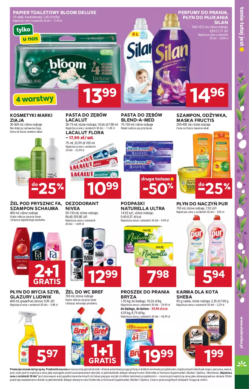 Gazetka promocyjna Stokrotka - Market - ważna 02.04 do 08.04.2026 - strona 34 - produkty: Blend-a-Med, Bref, Bryza, Dezodorant, Fa, Flora, Fructis, Gra, Lacalut, Lazur, Ludwik, Maska, Mięso, Naturell, Naturella, Nivea, Odżywka, Optima, Owoce, Papier, Papier toaletowy, Pasta do zębów, Perfum, Płyn do mycia, Płyn do płukania, Podpaski, Proszek do prania, Pur, Schauma, Sheba, Silan, Szampon, Warzywa, Ziaja