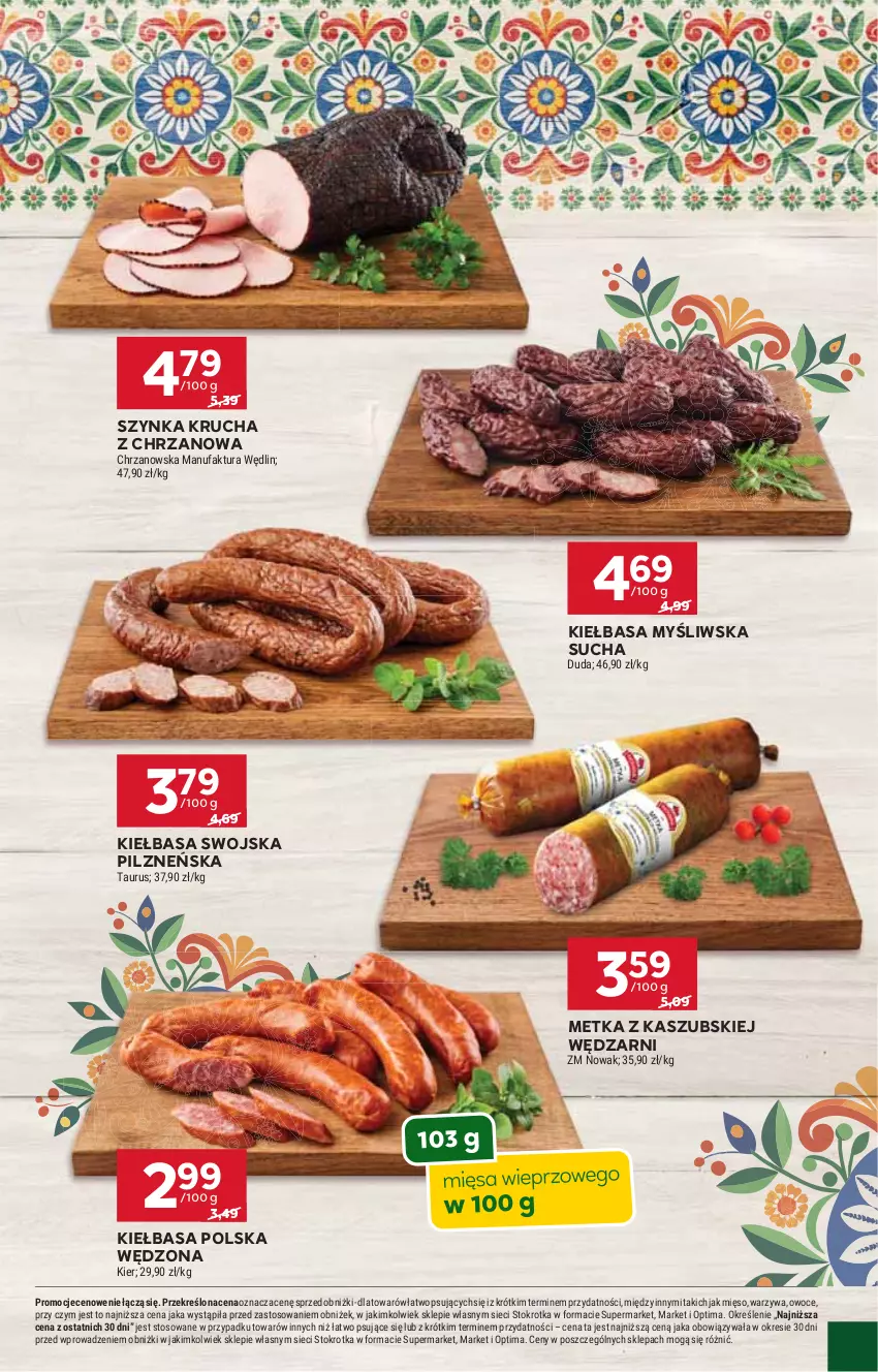 Gazetka promocyjna Stokrotka - Market - ważna 02.04 do 08.04.2026 - strona 39 - produkty: Chrzan, Duda, Fa, Kiełbasa, Mięso, NOWAK, Optima, Owoce, Szynka, Warzywa